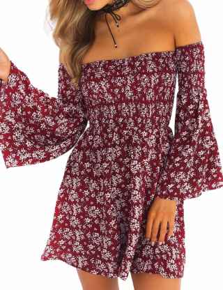 Sexyshine Women's Off Shoulder Floral Print Bell Sleeve Loose Mini Dress