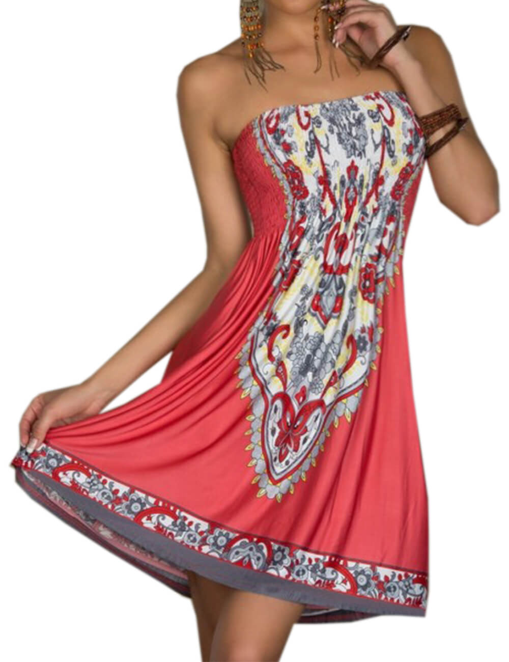 Womens Summer Strapless Floral Print Bohemian Vintage Tube Wrapped Chest Casual Mini Dress Beachwear