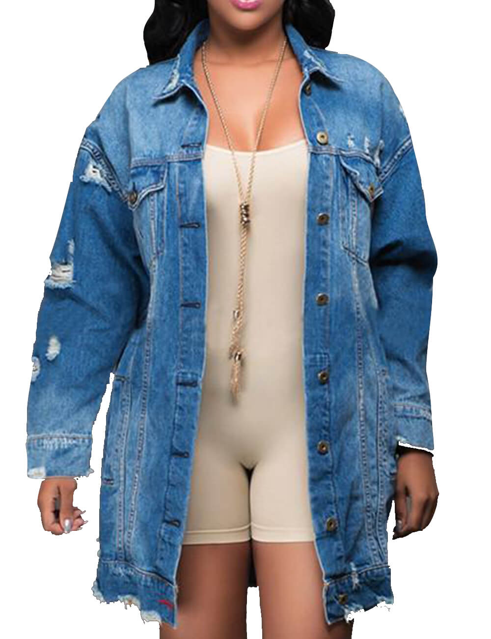Oversized Distressed Denim Jeans Outfits Coat Fall Ripped Outerwear Denim Jacket Plus Size