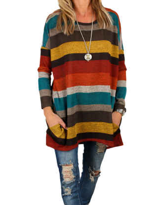 XXXITICAT Women's Rainbow Striped Tunic Tops Long Sleeve Elegant Plus Size Casual Tshirts Blouse