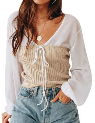 Sematomala Women's Lantern Long Sleeve V Neck Sheer White Pullover Tops Removable Tube Top 2 Piece Shirts Blouses