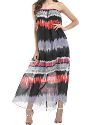 Sematomala Womens Boho Beach Dress Chiffon Strapless Off Shoulder Casual Summer Cover Ups Vacation Holiday Long Maxi Dress