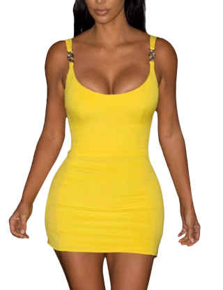XXXITICAT Women's Spaghetti Strap Bodycon Clubwear Party Basic Tank Top Sleeveless Mini Short Dress With Metal Button