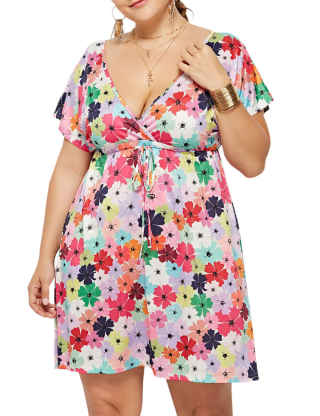 XXXITICAT Women's Plus Size Colorful Romantic Tribal Beach Cover Outfit Ups Grid Pattern Floral Print Queen Size Mini Dress