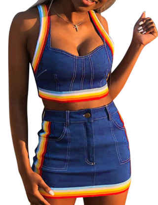 XXXITICAT Women's Rainbow Tank Crop Top And Mini Skirts Set Sleeveless Striped Outfits Demin Two Pieces Suits Matching Sets