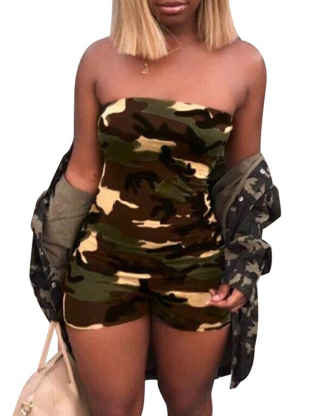 XXXITICAT Women's Casual Sleeveless Camouflage Boob Tube Top Clubwear Camo Short Pants Rompers Fashion Jumpsuits