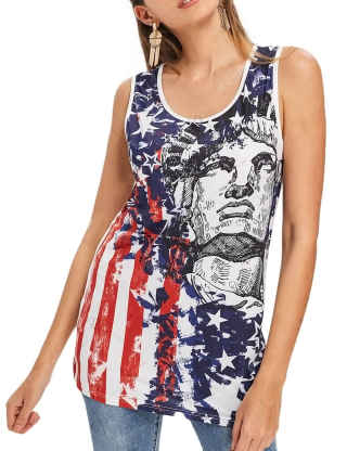 XXXITICAT Women's The Statue Of Liberty Print Tunic Shirts Tees Plus Size Striped American Fag Printed Back Cut Out Tank Tops