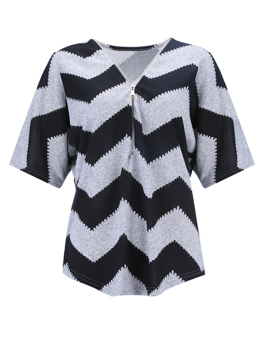  Women's Short Batwing Sleeve Casual Blouse Tops Chevron Print Zipper Up Geometric Striped T Shirts Basic Tees