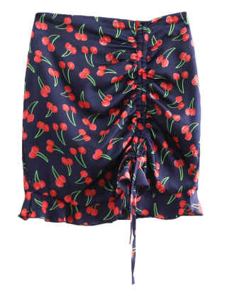 XXXITICAT Women's Summer Drawstring Draped Cherry Print Mini Skirt High Waist Ruffle Fruit Floral Printed Satin Skirts