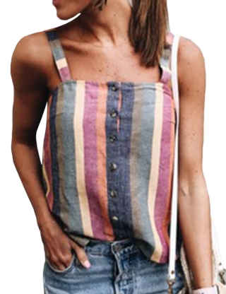 XXXITICAT Women's Cute Spaghetti Strap Single Breasted Camis On-Trend Coloful MultiColor Striped Button Tank Top Shirts