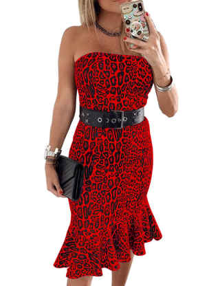 XXXITICAT Women's Elegant Sleeveless Formal Cocktail Party Dress Tube Top Bodycon Strapless Leopard Print Mermaid Dresses