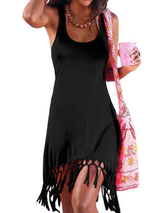 XXXITICAT Women's Casual Sleeveless Beach Dresses Racerback Plain Sundress U Neck Asymmetrical Hem Mini Tassle Tank Dress
