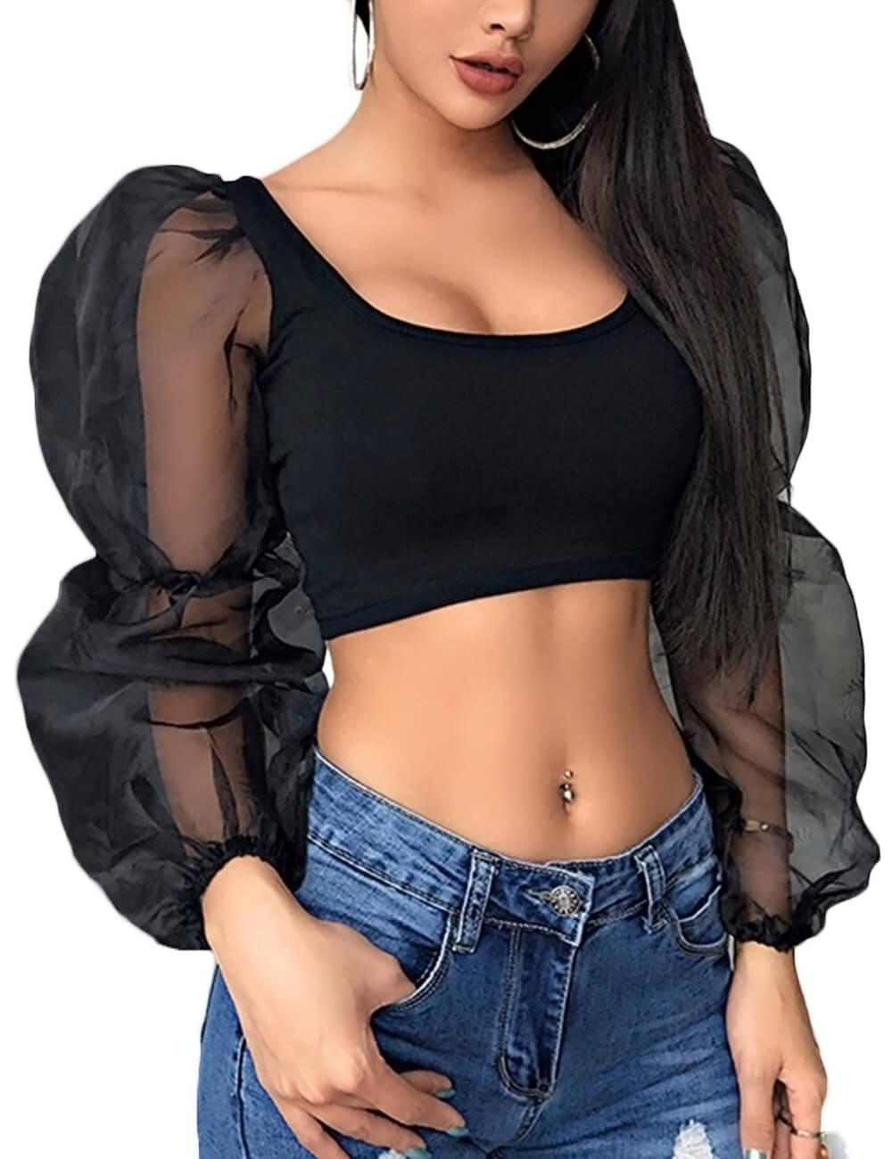  Women's Chic Long Sleeve Mesh See Through Crop Top Patchwork Puff Sleeve Stitching Spliced Tank Top Cropped Shirts