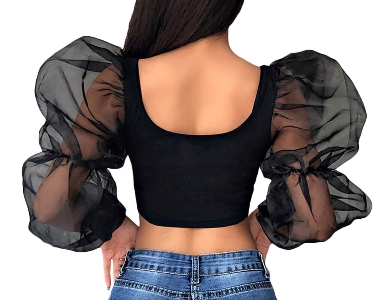  Women's Chic Long Sleeve Mesh See Through Crop Top Patchwork Puff Sleeve Stitching Spliced Tank Top Cropped Shirts