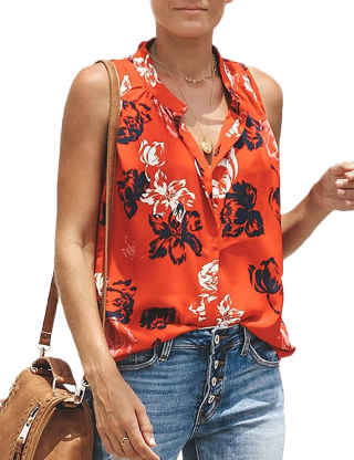 XXXITICAT Women's Summer Boho Sleeveless Chiffon Blouse Comfy V Neck Camis Floral Print Tank Tops Button Down Shirts