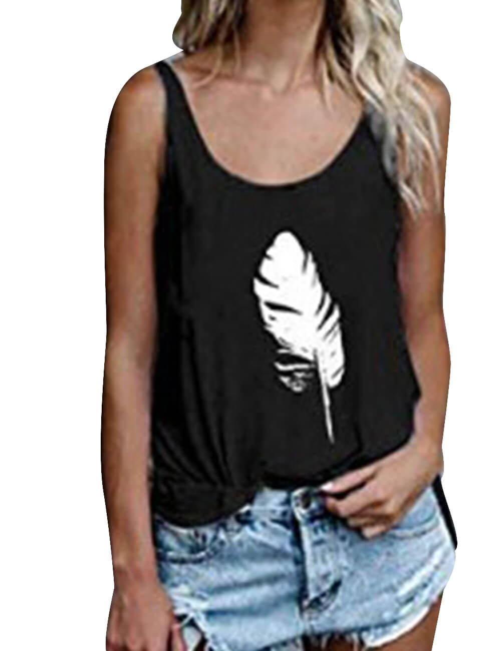  Women's Feather Print Muscle Tee Boatneck Sleeveless Shirts Long Summer Vest Loose Tank Top Tshirt