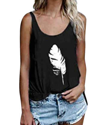 SEMATOMALA Women's Feather Print Muscle Tee Boatneck Sleeveless Shirts Long Summer Vest Loose Tank Top Tshirt