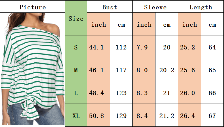  Women's Casual One Shoulder Tops 3/4 Sleeve Tie Front Knot Off Shoulder Loose Blouse Striped Shirts Tunic Tees
