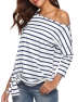 XXXITICAT Women's Casual One Shoulder Tops 3/4 Sleeve Tie Front Knot Off Shoulder Loose Blouse Striped Shirts Tunic Tees