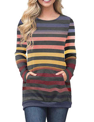 XXXITICAT Women's Fall Kangaroo Pockets Pullover Tunic Tops Long Sleeve Color Block Sweatshirt Striped Jumper Shirts