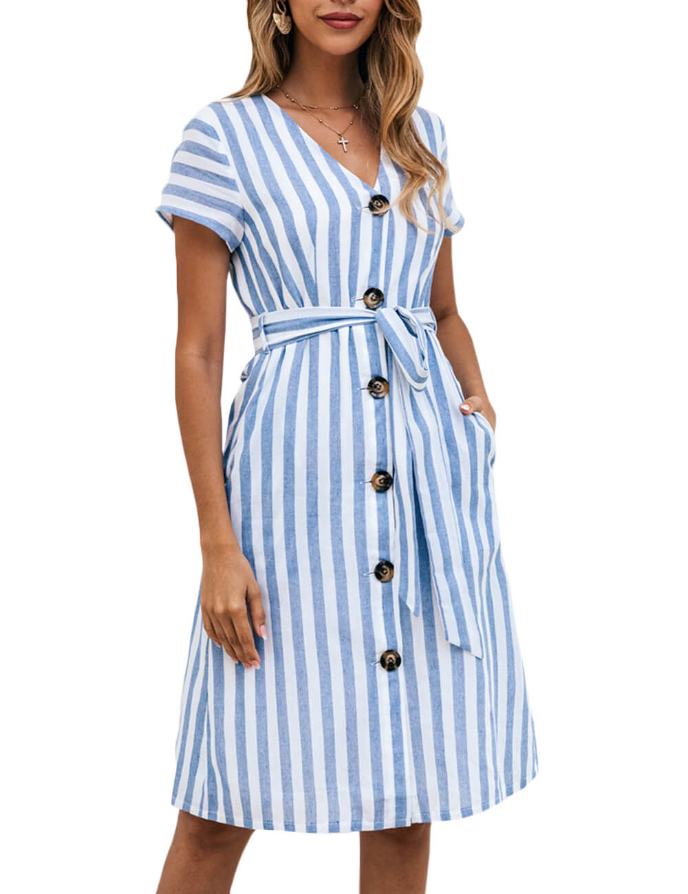 Summer Short Sleeve Striped Midi Dress V Neck Bow Tie Button Down Belted Swing Dresses With Pockets