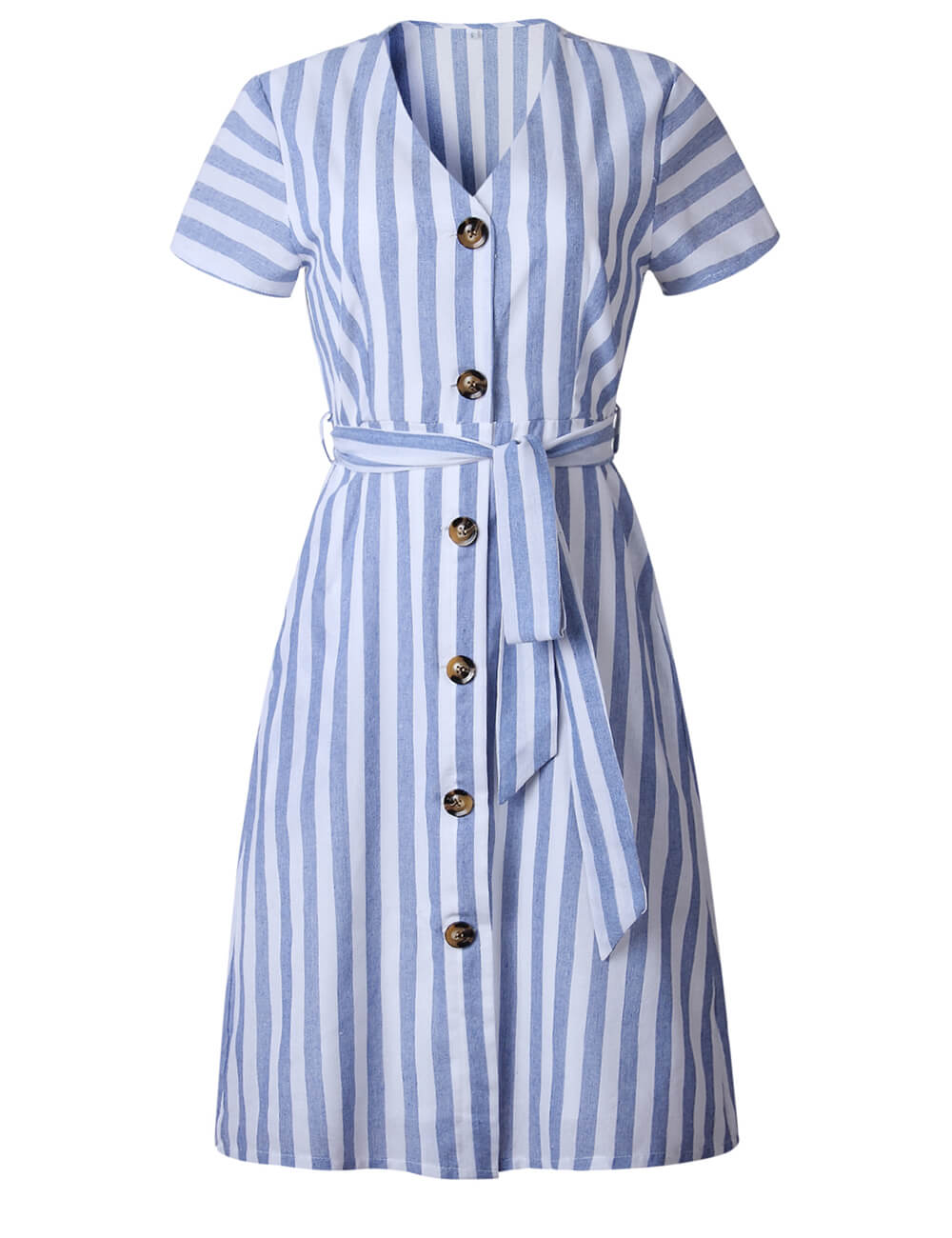 Summer Short Sleeve Striped Midi Dress V Neck Bow Tie Button Down Belted Swing Dresses With Pockets