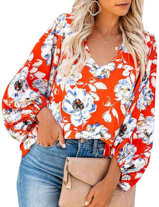 XXXITICAT Women's Casual V Neck Bell Sleeve Leaves Printed Shirts Pullovers Loose Floral Print Chiffon Blouse Top