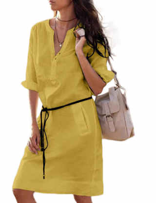 XXXITICAT Women's Shirt Dress Casual V Neck Half Sleeve Vestidos Belted Linen Solid Button Down Dresses With Pockets