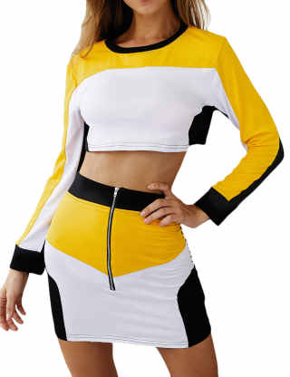XXXITICAT Women's Casual Two Pieces Sportswear Color Block Outfits Patchwork Sporty 2PCs Mini Skirt Sets Gym Tracksuit