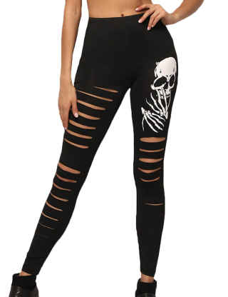 XXXITICAT Women's Halloween Pants Black High Waisted Skull Print Yoga Sports Workout Trousers Stretch Hollow Out Leggings