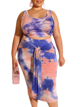 XXXITICAT Women's Plus Size Tie Dye Print Two Piece Outfits Sleeveless Bodycon Floral 2PCs Tank Crop Top and Skirts Sets