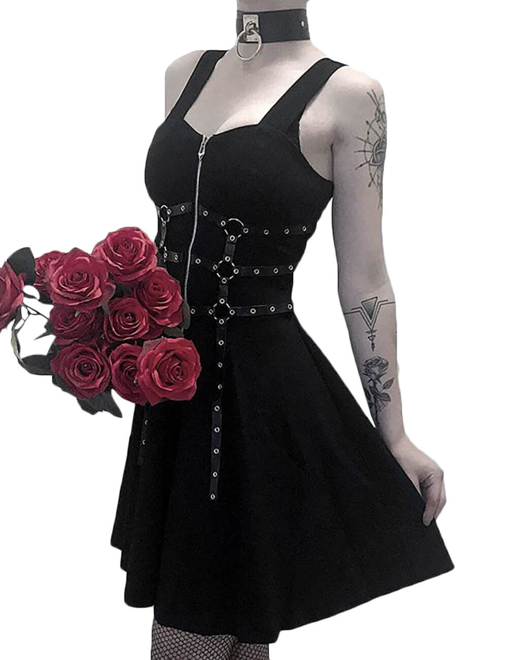 Cool Black Backless Zipper Up Pleated Harness Goth Strap Dresses Leather Whipped Gothic Punk Dress