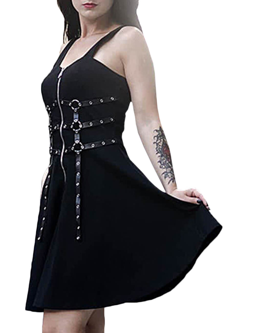Cool Black Backless Zipper Up Pleated Harness Goth Strap Dresses Leather Whipped Gothic Punk Dress