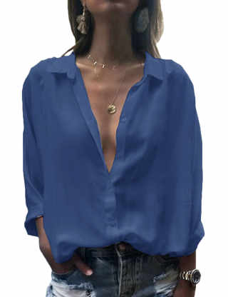 XXXITICAT Women's Casual Plus Size Deep V Neck Button Down Shirts Solid Color Basic Tunic Tops Long Sleeve Chiffon Blouse