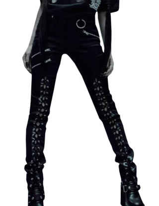 XXXITICAT Women's Black Gothic Punk Skinny Trousers Slim Tie Up Rock Leggings Trappy Bandage Lace Up Pencil Pants