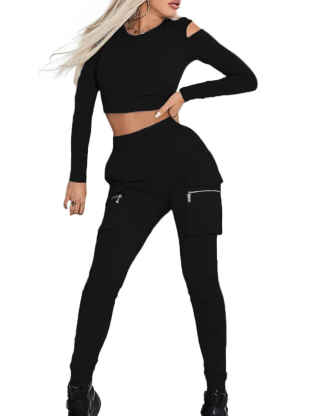 XXXITICAT Women's Active Cold Shoulder Two Piece Tracksuits Slim Fit Sports 2PCs Crop Top and Pants Sets With Pockets