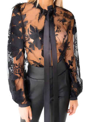 Women's Faux Leather Collar Transparent Puff Sleeve Shirt Top Floral Printed Lace Up See Through Sheer Mesh Blouse