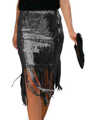 XXXITICAT Women's Elegant Slim Fit Patchwork Solid Skirt Office Ladies High Waisted Tassel Sequin Midi Skirts