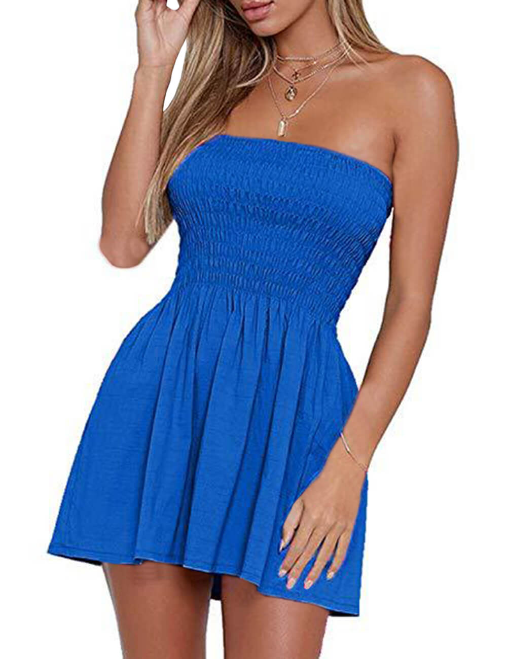  Women's Smocking Tube Top Dress Summer Sexy Strapless Sleeveless Pleated Fit and Flare Cover Up Beach Mini Dress