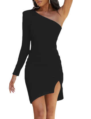 XXXITICAT Women's One Shoulder Formal Dresses Long Sleeve Bodycon Asymmetric Ruched Split Pleated Hollow Out Mini Dress