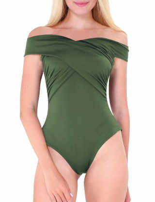 SEMATOMALA Women's Cross Off Shoulder Sexy Strapless Short Sleeve Slim Wrap Top Leotards Bodysuit