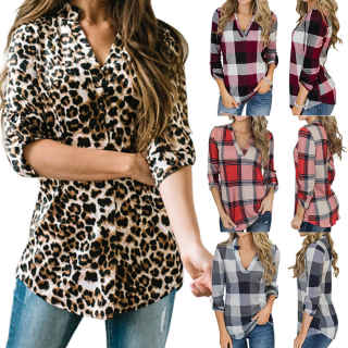 ECDAHICC Womens Leopard Printed Shirts V-Neck Long Sleeves Geometric Pattern Blouses Casual Tops