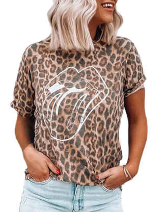 ECDAHICC Spring Summer New Women T-Shirt Casual Leopard Print Round Neck Short Sleeve Shirt Ladies Tops Tees Womens Clothing