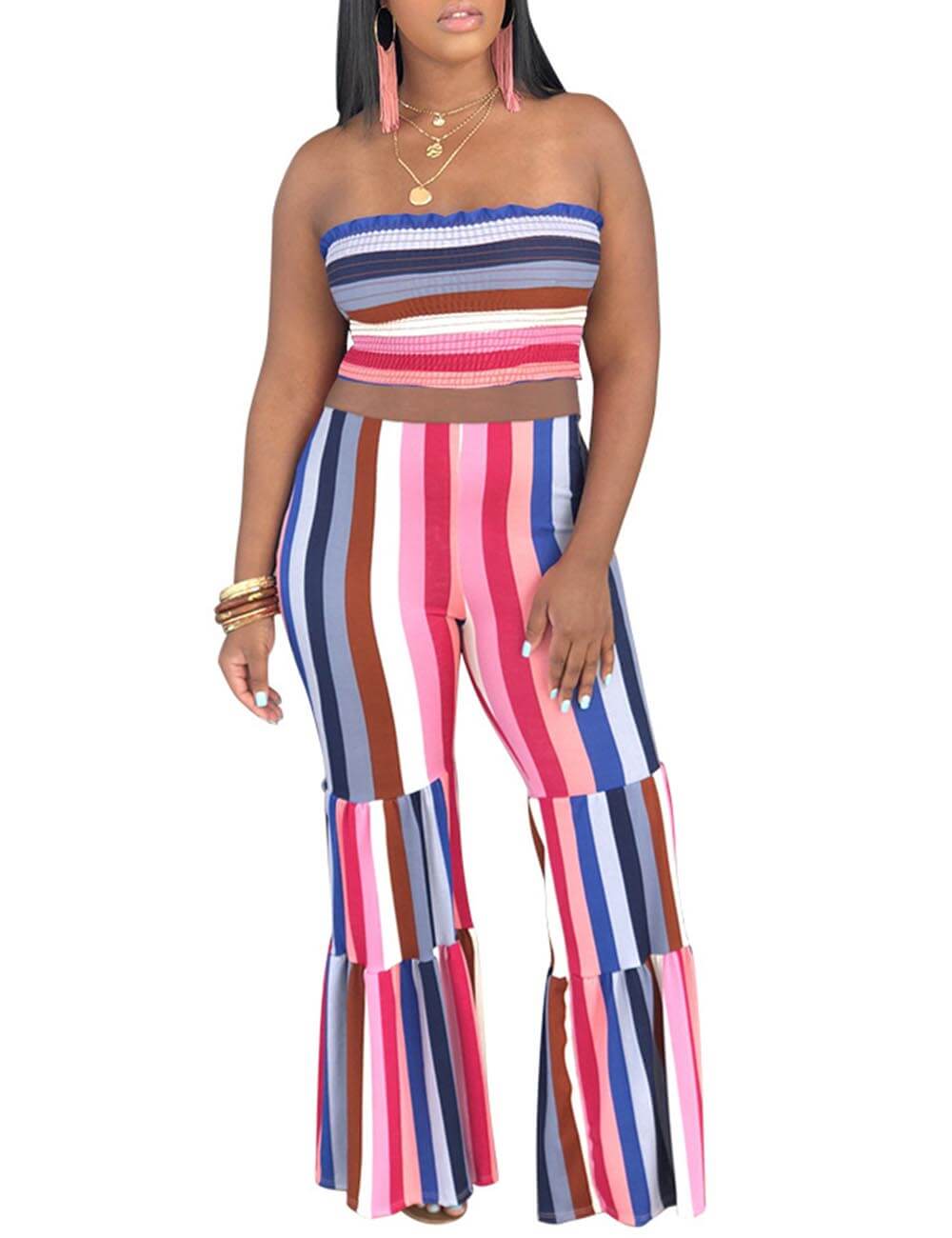  Women's Rainbow Striped Strapless Jumpsuit Printed Long Romper Tube Crop Top Wide Leg Pants 2 Pieces Outfits Set