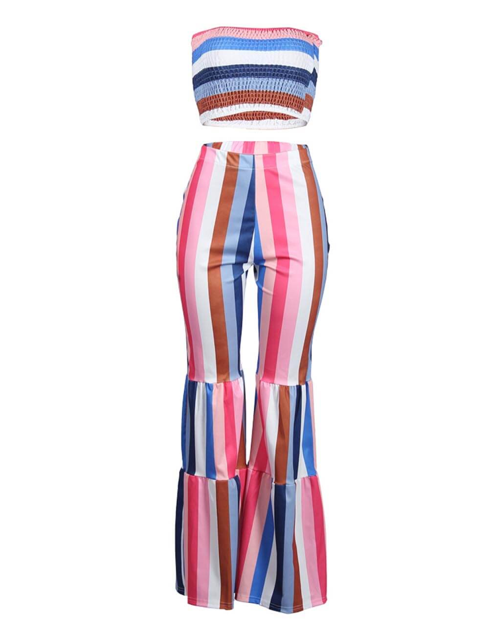  Women's Rainbow Striped Strapless Jumpsuit Printed Long Romper Tube Crop Top Wide Leg Pants 2 Pieces Outfits Set