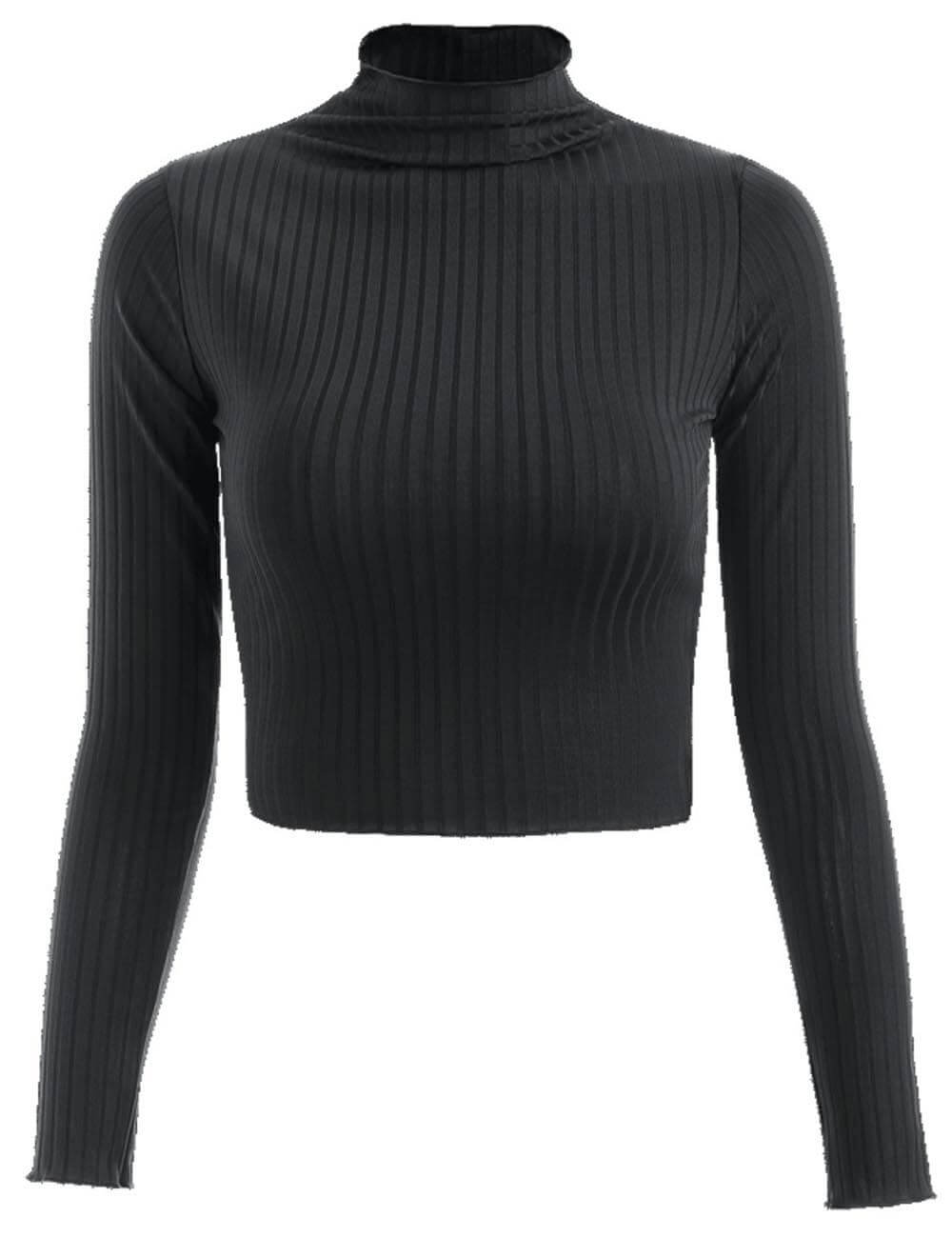  Women‘s Basic Plain Long Sleeve Rib-Knit Crop Top T-Shirt Turtleneck Soft Stretchy Layer Tee Top