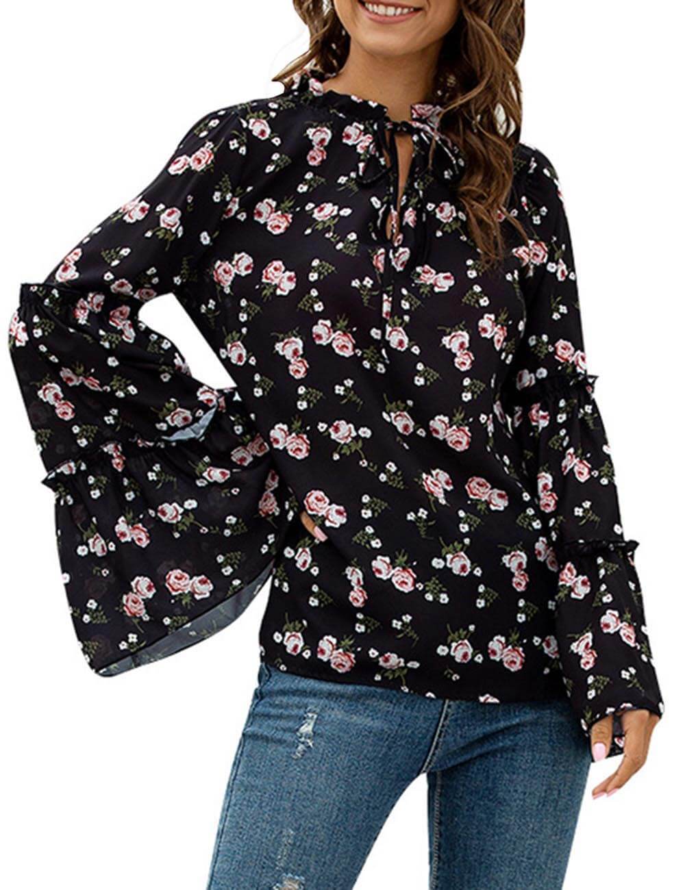  Women‘s Boho Floral Printed Tie Neck Tops Summer Flared Bell Sleeve Chiffon Loose Blouses T-Shirt