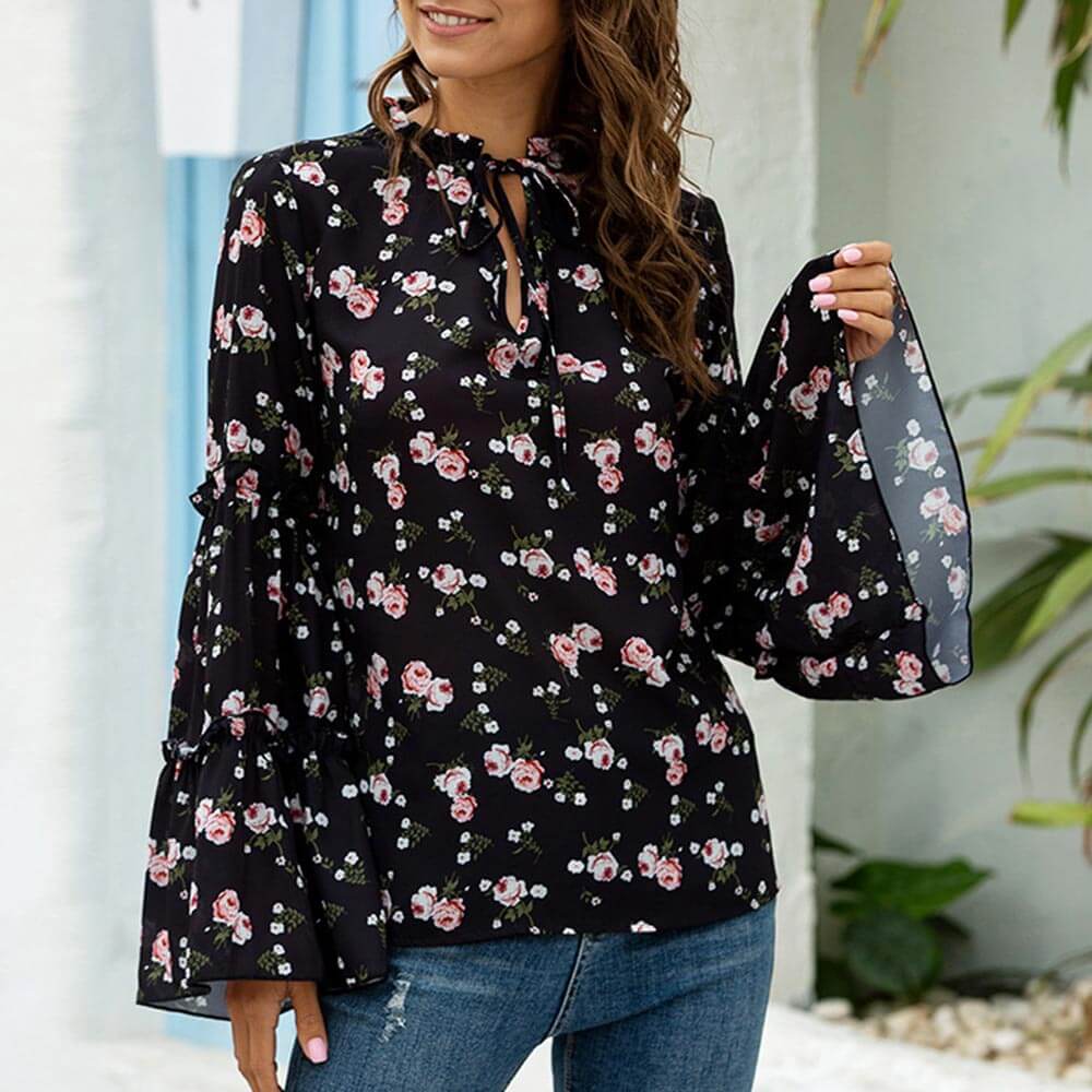  Women‘s Boho Floral Printed Tie Neck Tops Summer Flared Bell Sleeve Chiffon Loose Blouses T-Shirt