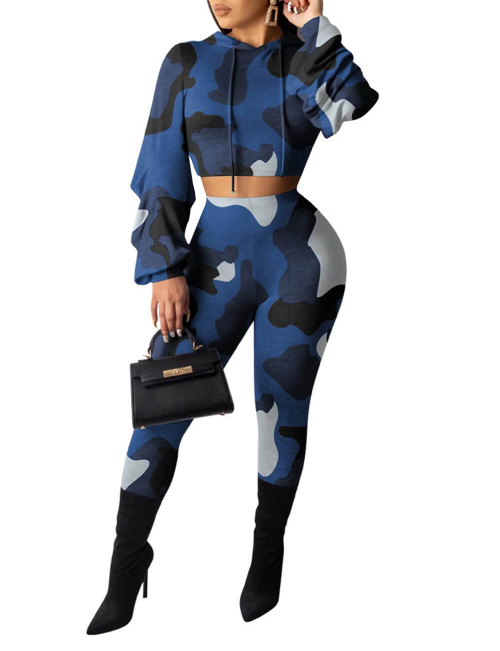  Women‘s Two Piece Outfits Como Printed Long Batwing Sleeve Hoddie Pullover Sweatshirt Bodycon Pants Set Tracksuit