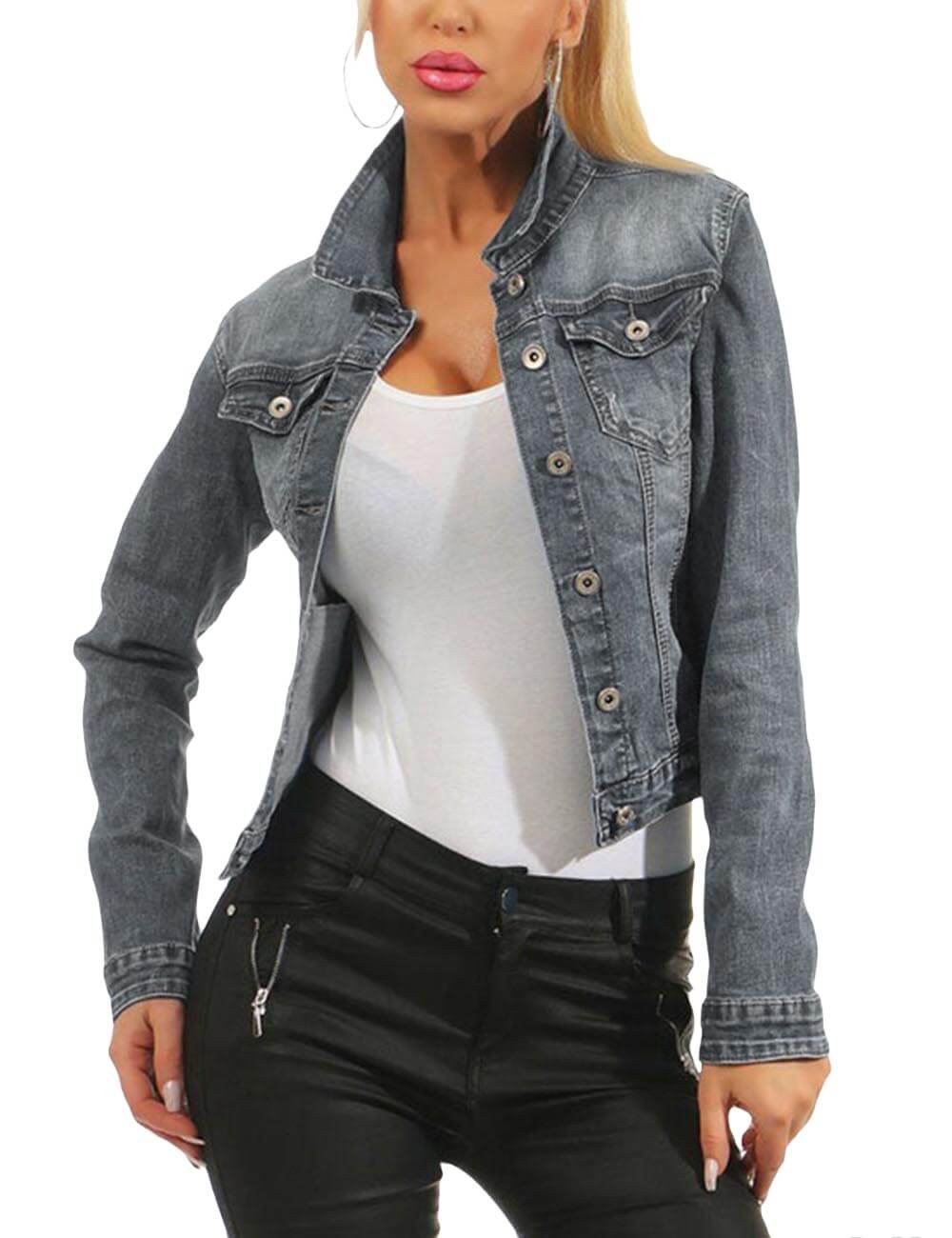  Women's Distressed Denim Jeans Outfits Coat Spring Fall Washed Jeans Outerwear Short  Denim Jacket (511GY-S)